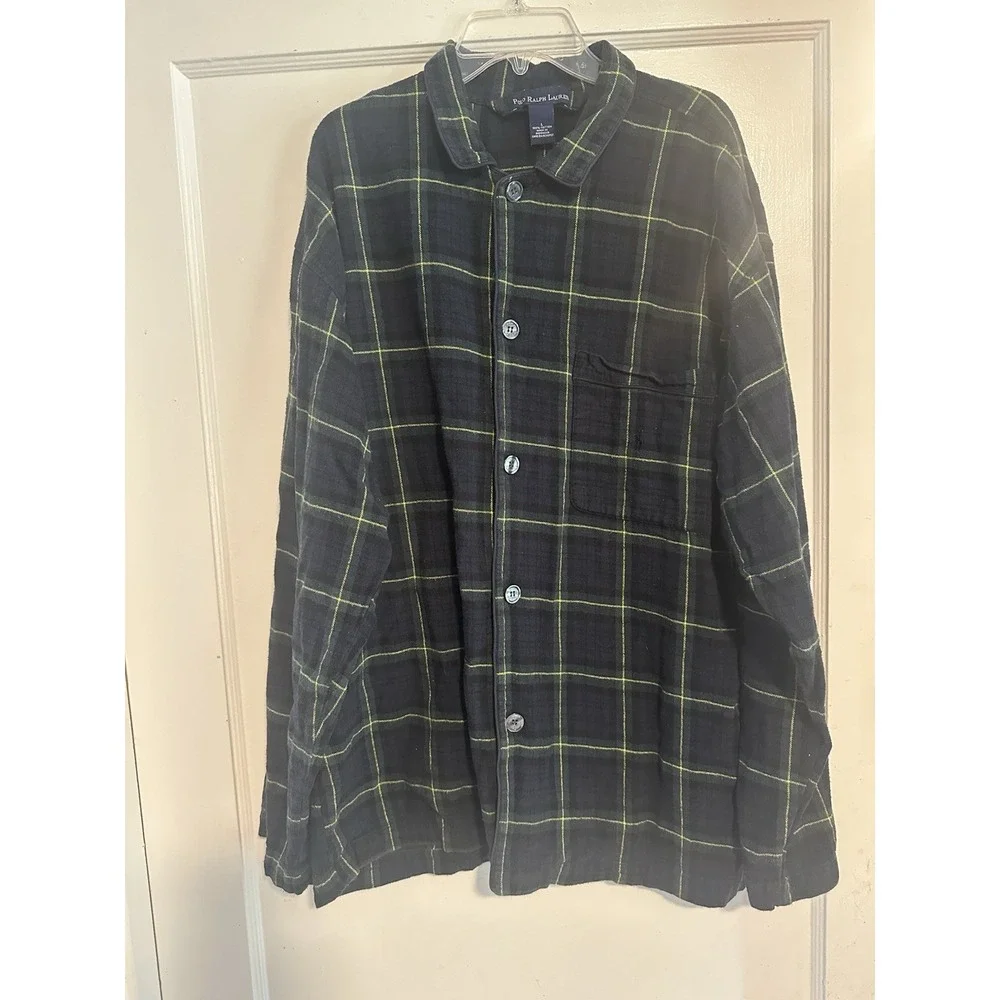 Polo Ralph Lauren Men's Green Plaid Long Sleeve Button Up Pajama Shirt Large